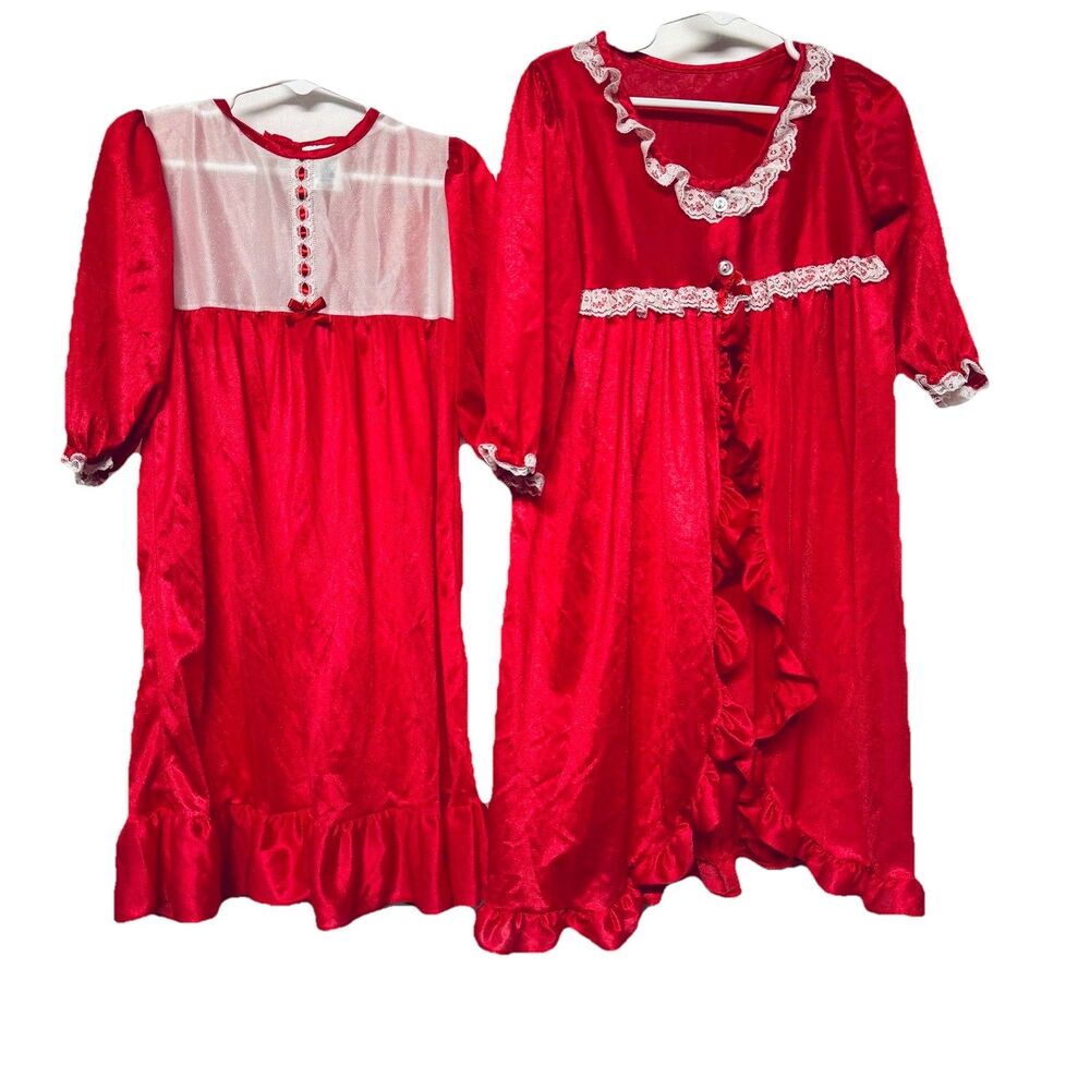 Vintage Nylon Moonbeams Gown Robe Set 2 Pc Toddler 2T Red w Lace Trim Christmas